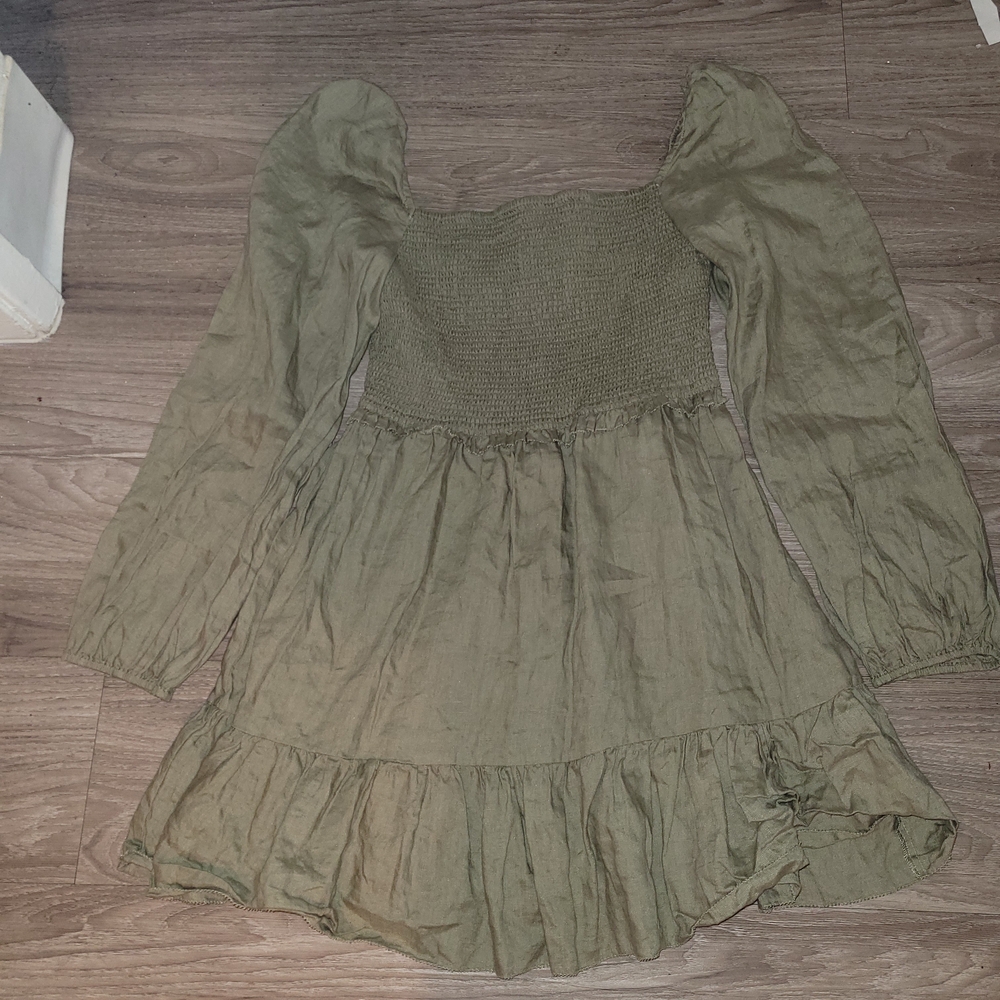 Quince Olive Boho Green Long Sleeved Smocked Dress - Picture 7 of 7